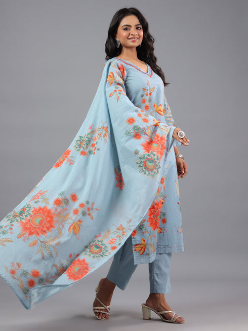 Grey Printed Mirror Work Kurti Set