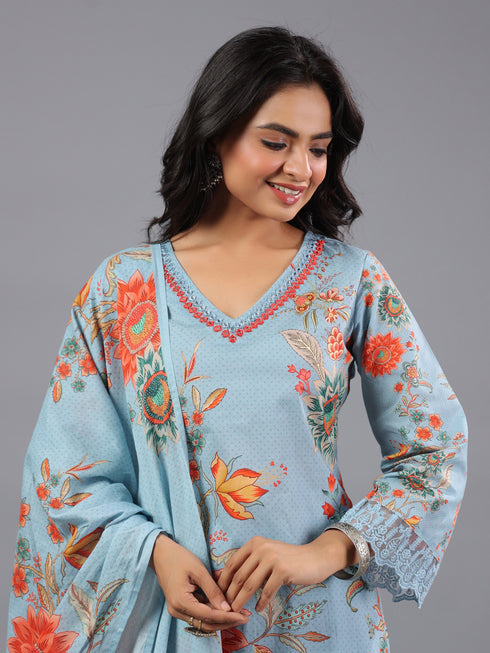 Grey Printed Mirror Work Kurti Set