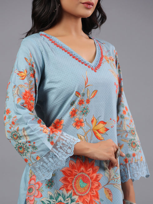 Grey Printed Mirror Work Kurti Set