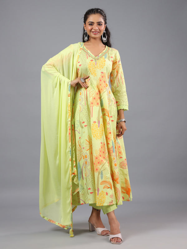 Green Panneled Botanical Print Kurti Set