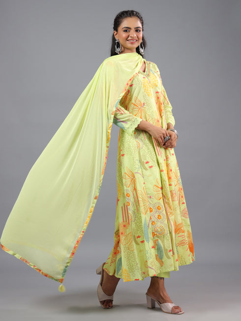 Green Panneled Botanical Print Kurti Set