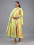 Green Panneled Botanical Print Kurti Set