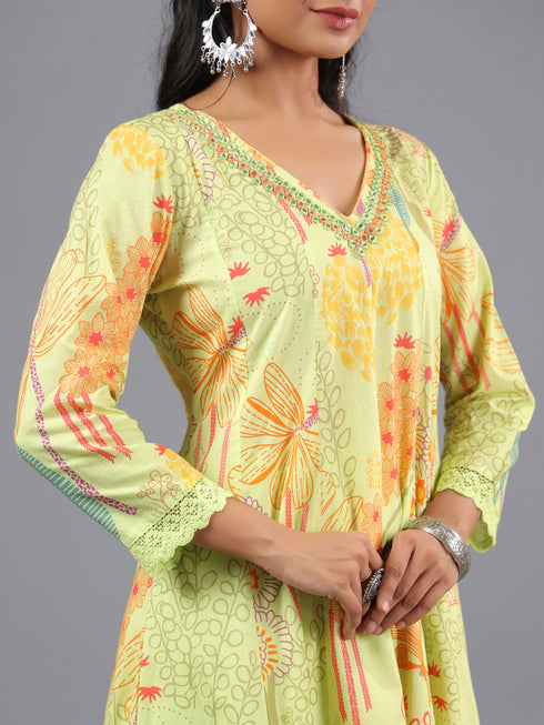 Green Panneled Botanical Print Kurti Set