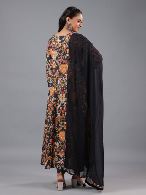Black Panneled Printed Kurti Set