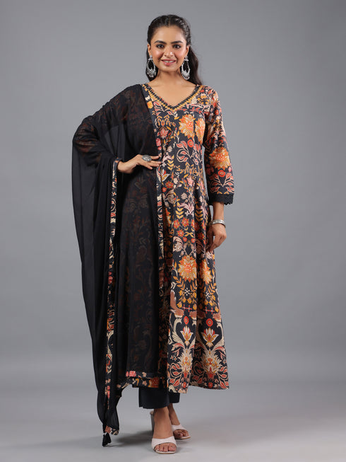 Black Panneled Printed Kurti Set