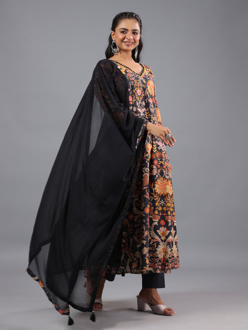 Black Panneled Printed Kurti Set
