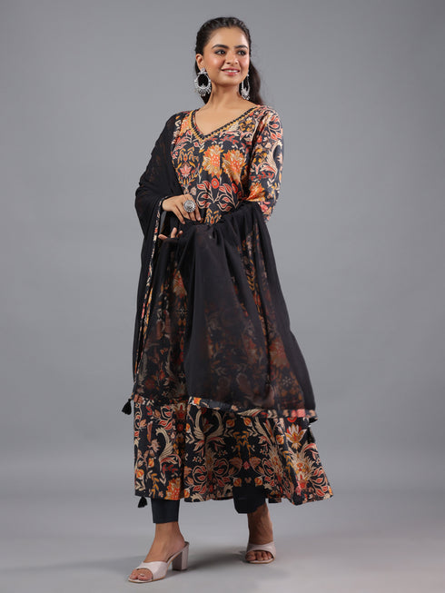 Black Panneled Printed Kurti Set
