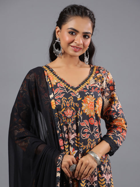 Black Panneled Printed Kurti Set