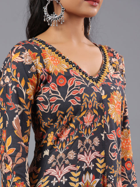 Black Panneled Printed Kurti Set