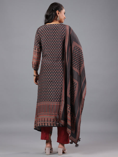 Black Ajrakh Print Kurti Set With Beads Details