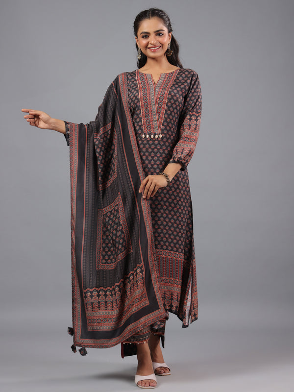 Black Ajrakh Print Kurti Set With Beads Details