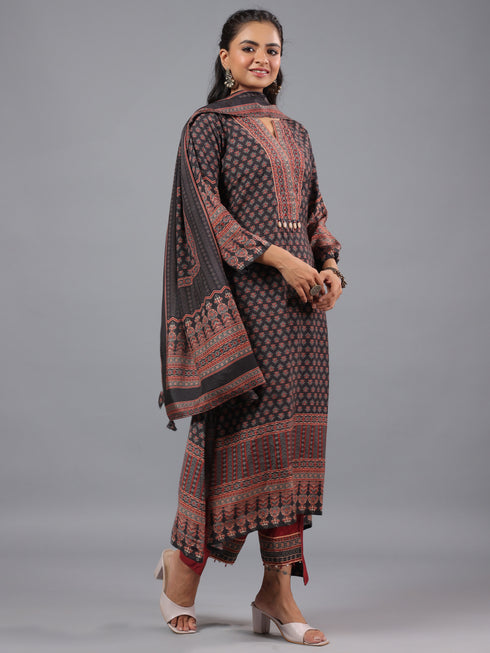 Black Ajrakh Print Kurti Set With Beads Details