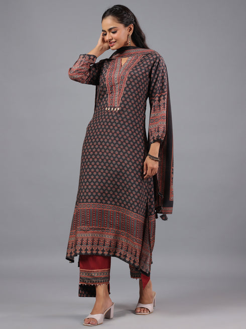 Black Ajrakh Print Kurti Set With Beads Details
