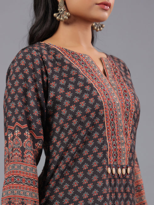 Black Ajrakh Print Kurti Set With Beads Details