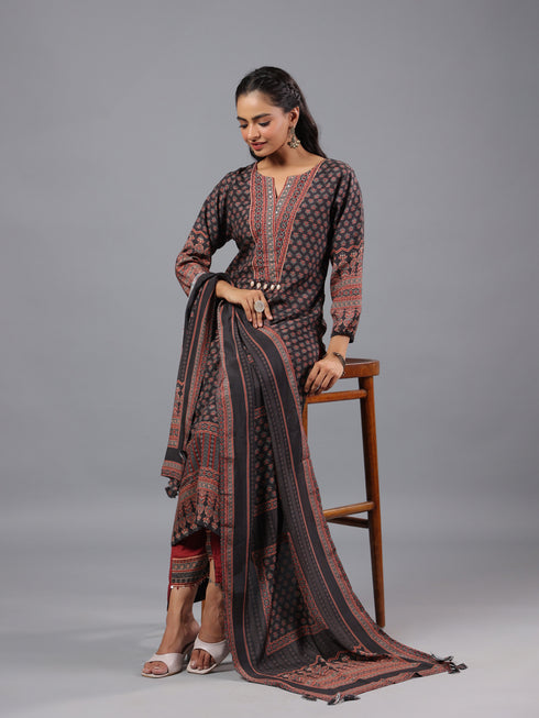 Black Ajrakh Print Kurti Set With Beads Details