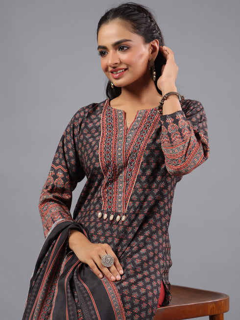 Black Ajrakh Print Kurti Set With Beads Details