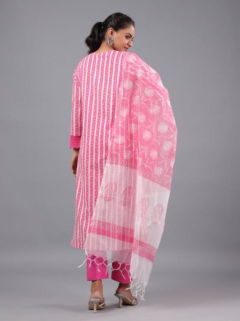 Pink Cotton Kurti With Mirror Lace Details