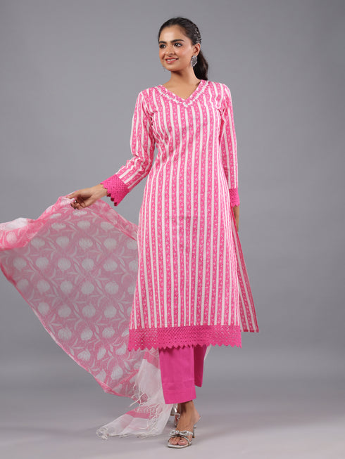 Pink Cotton Kurti With Mirror Lace Details
