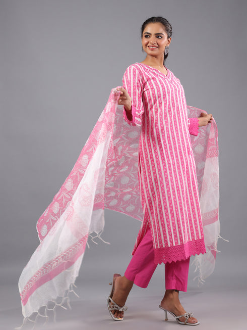 Pink Cotton Kurti With Mirror Lace Details