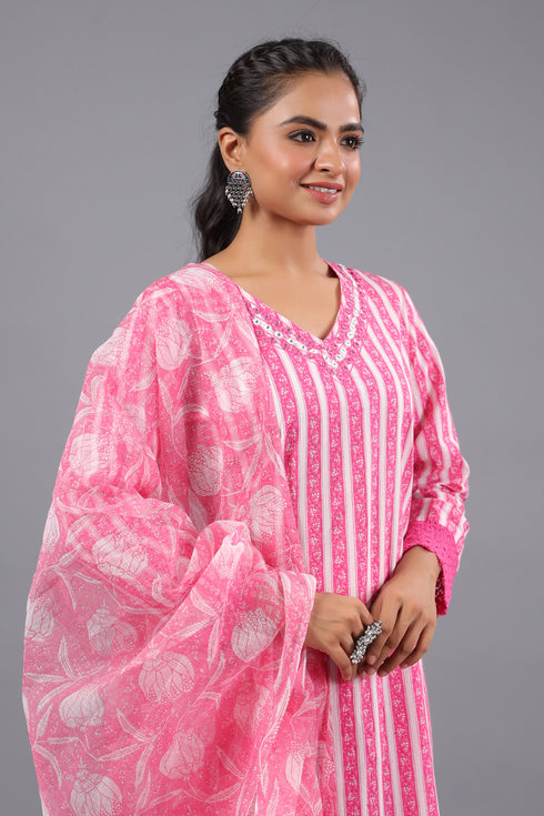 Pink Cotton Kurti With Mirror Lace Details