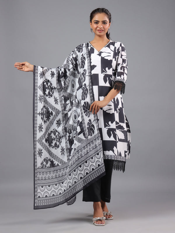 White Abstract Print Kurti Set