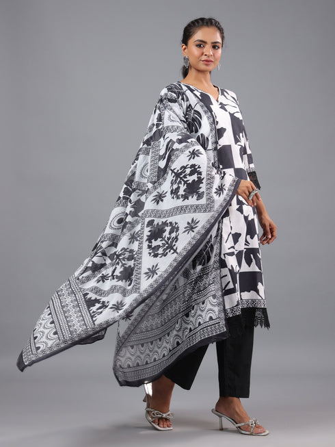 White Abstract Print Kurti Set