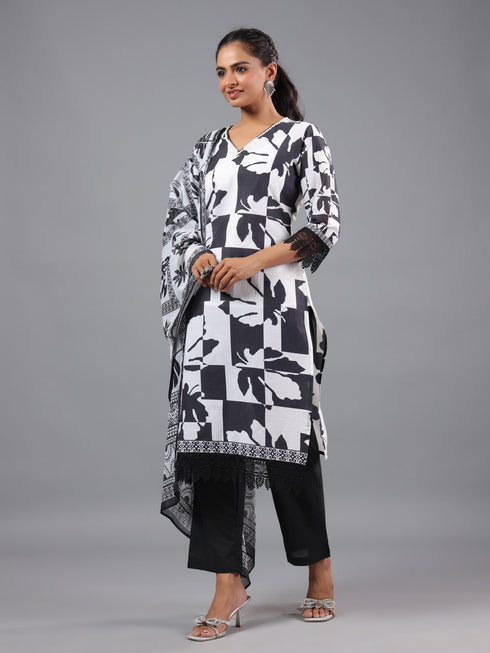 White Abstract Print Kurti Set