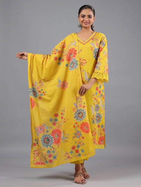 Yellow Printed Mirror Work Kurti Set