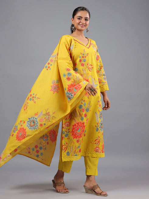 Yellow Printed Mirror Work Kurti Set