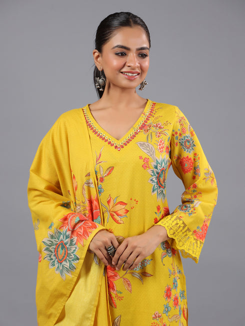 Yellow Printed Mirror Work Kurti Set