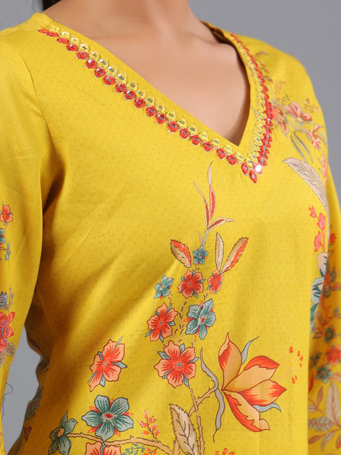 Yellow Printed Mirror Work Kurti Set