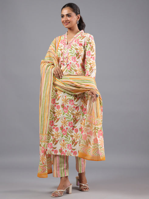 Pink Cotton Botanical Print With Mirror Work Kurti Set