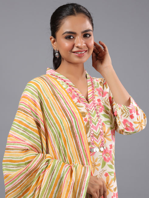 Pink Cotton Botanical Print With Mirror Work Kurti Set