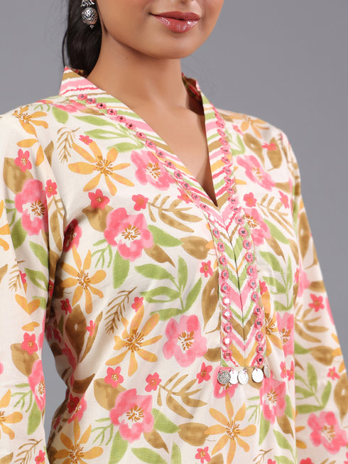 Pink Cotton Botanical Print With Mirror Work Kurti Set