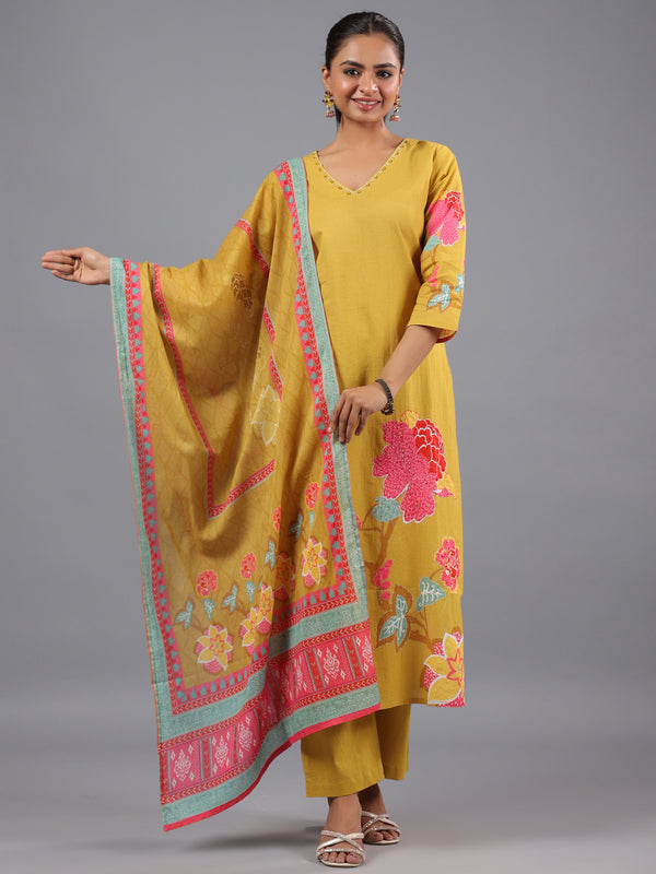 Mustard Floral Printed kurta Set