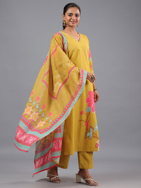 Mustard Floral Printed kurta Set