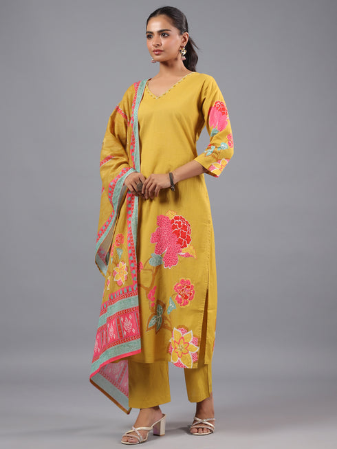 Mustard Floral Printed kurta Set