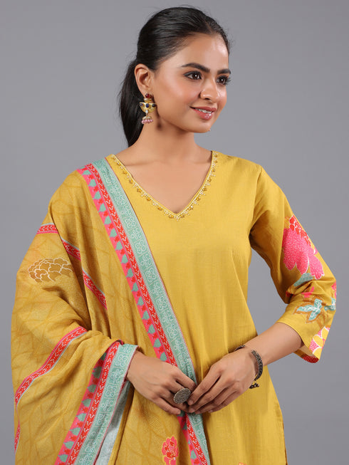 Mustard Floral Printed kurta Set