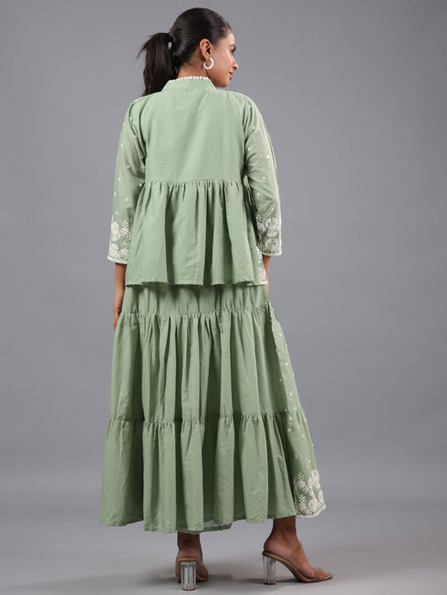 Green Mirror Work Cotton K- Dress With Jacket
