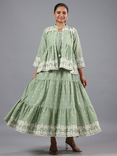 Green Mirror Work Cotton K- Dress With Jacket