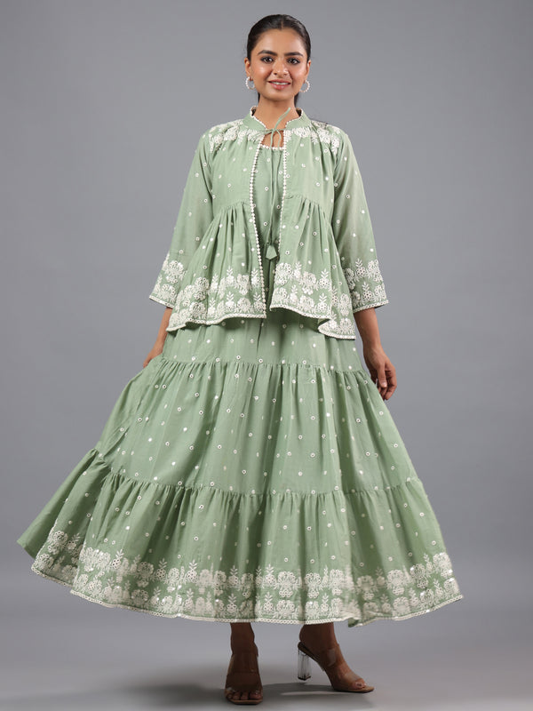 Green Mirror Work Cotton K- Dress With Jacket