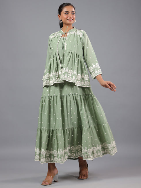 Green Mirror Work Cotton K- Dress With Jacket