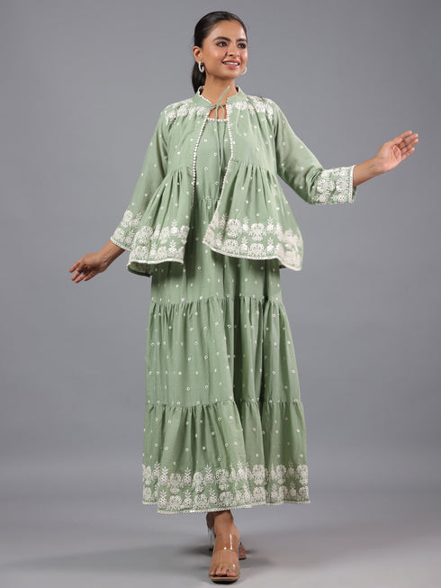 Green Mirror Work Cotton K- Dress With Jacket