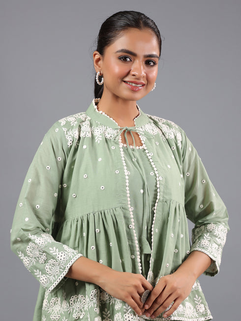 Green Mirror Work Cotton K- Dress With Jacket