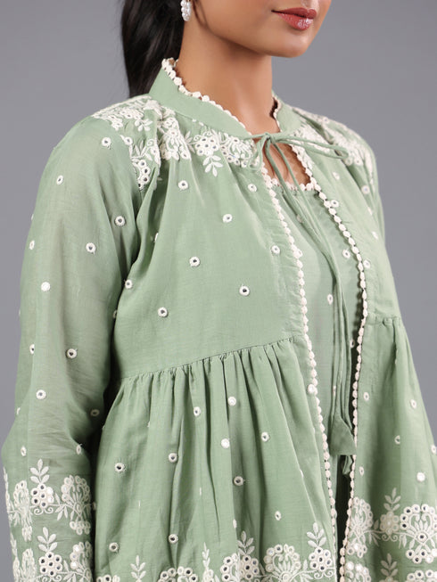 Green Mirror Work Cotton K- Dress With Jacket