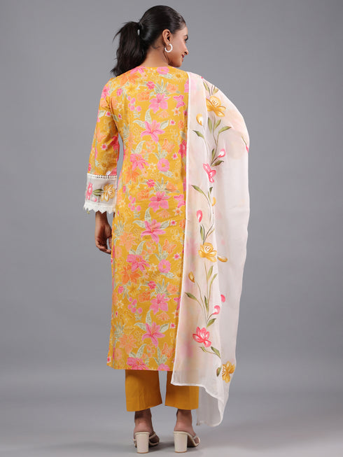 Mustard Floral Print Kurti Set