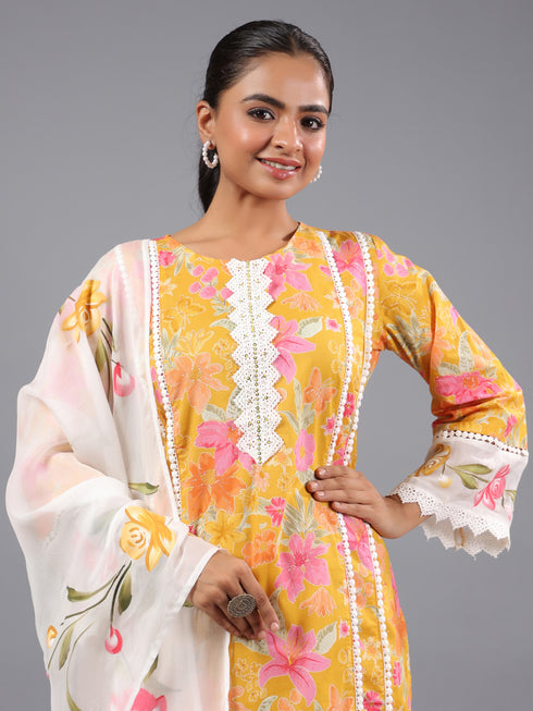 Mustard Floral Print Kurti Set