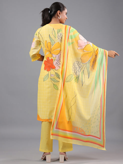 Yellow Cotton Abstract Print Kurti Set