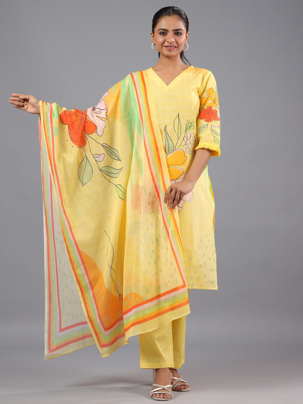 Yellow Cotton Abstract Print Kurti Set