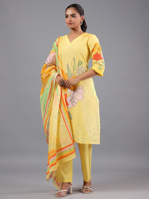 Yellow Cotton Abstract Print Kurti Set